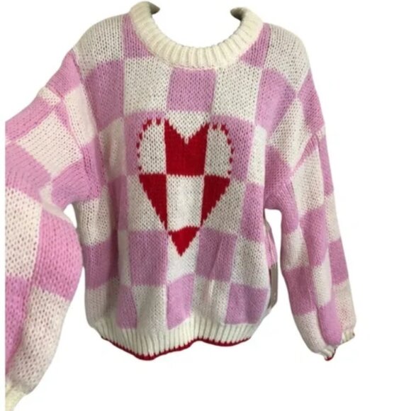 Luna Ivy Long Sleeve Checkered Heart Pull Over Chunky Knit Sweater, Small - Picture 1 of 5
